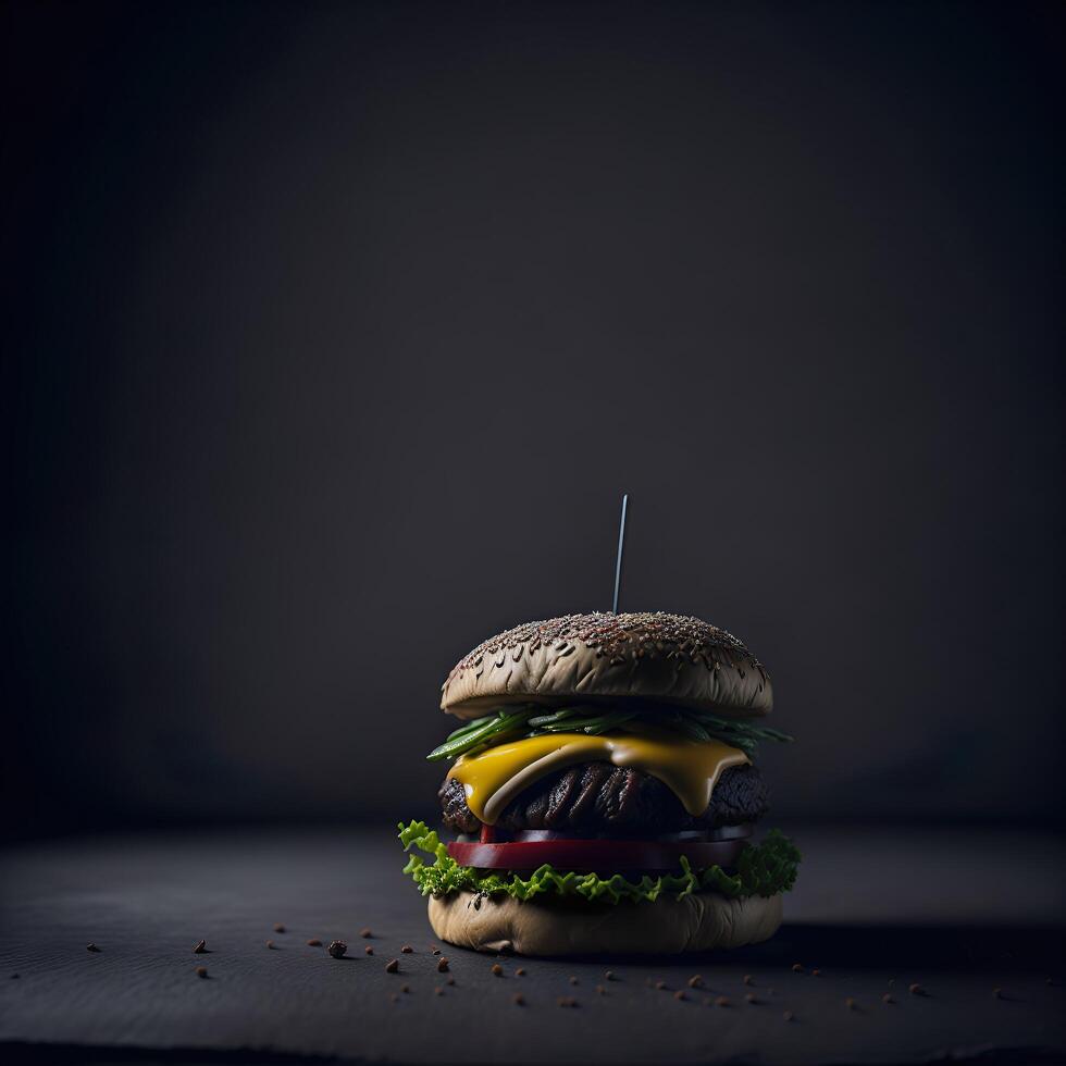 en hamburgare med sallad, tomat i en mörk bakgrund. ai genererad foto