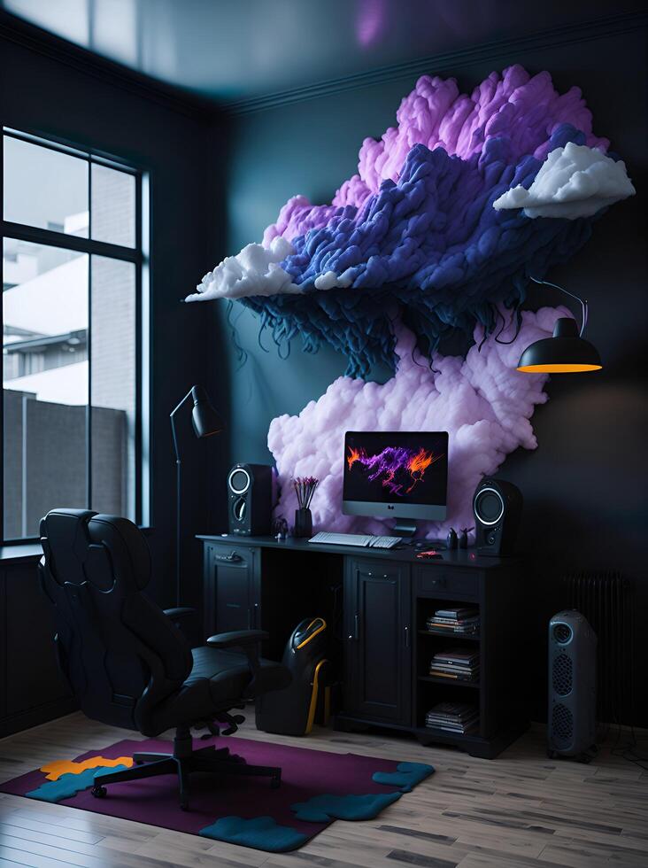 en gamer rum uppstart med en färgrik moln prydnad på de vägg ai genererad foto