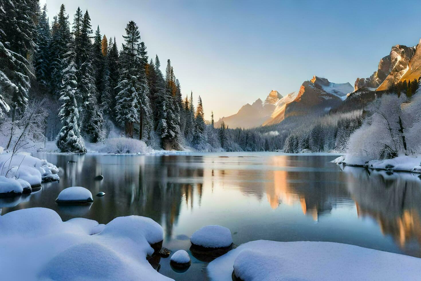 landskap snöig berg med sjö ai generera foto