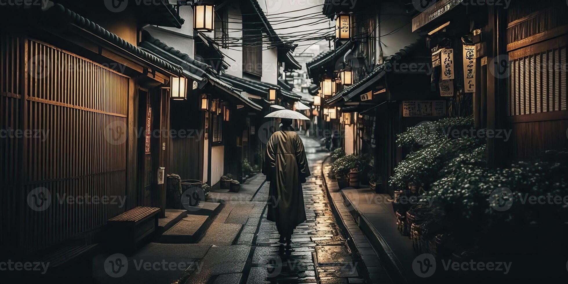 ai genererad. ai generativ. Foto realistisk fotografi illustration av gammal gammal årgång retro japan kyoto stad. äventyr asiatisk utforskning vibe. grafisk konst