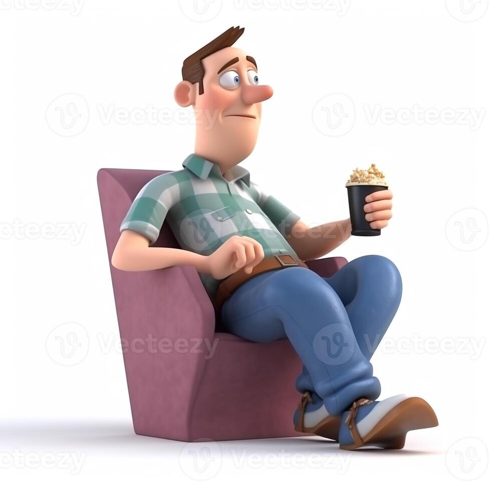 en man sitter i en stol och klockor en film med popcorn i främre av honom. ai generativ foto