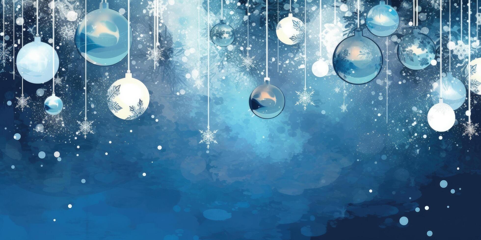 blå jul kort med hängande bollar illustration ai generativ foto