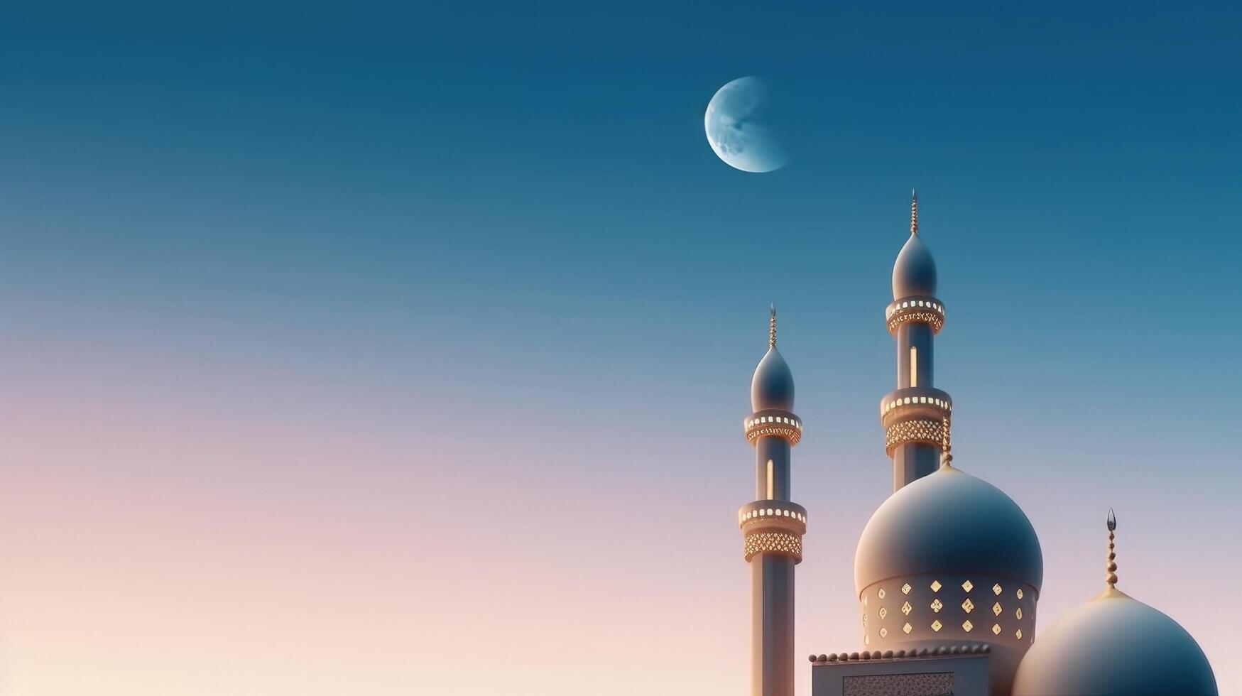 moskéer kupol på mörk blå skymning himmel och halvmåne måne på bakgrund illustration ai generativ foto