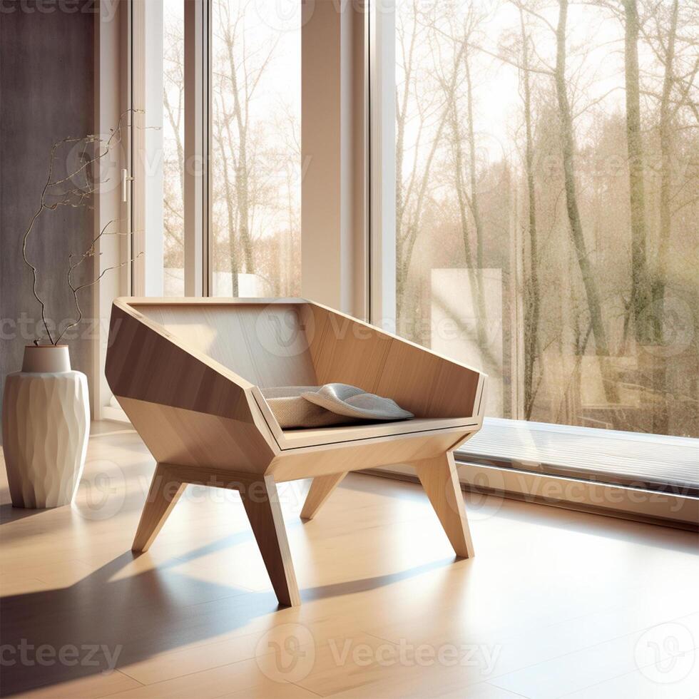 en små stol i främre av en stor fönster med en växt generativ ai genererad foto
