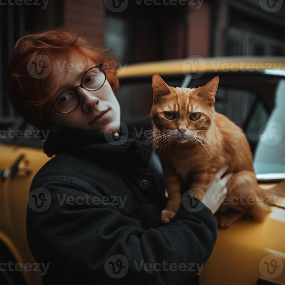 en kvinna med röd hår och glasögon innehav en katt generativ ai genererad foto