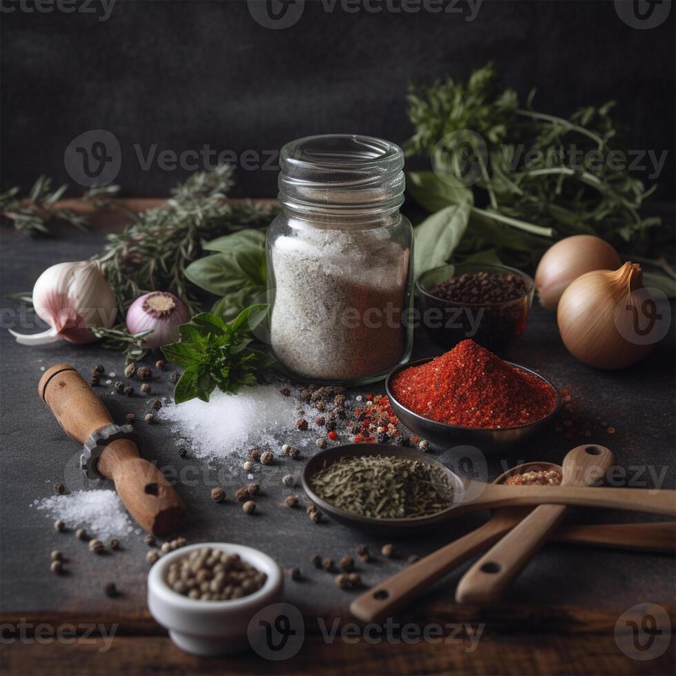 en tabell med kryddor och en burk av salt och en burk av kryddor generativ ai genererad foto