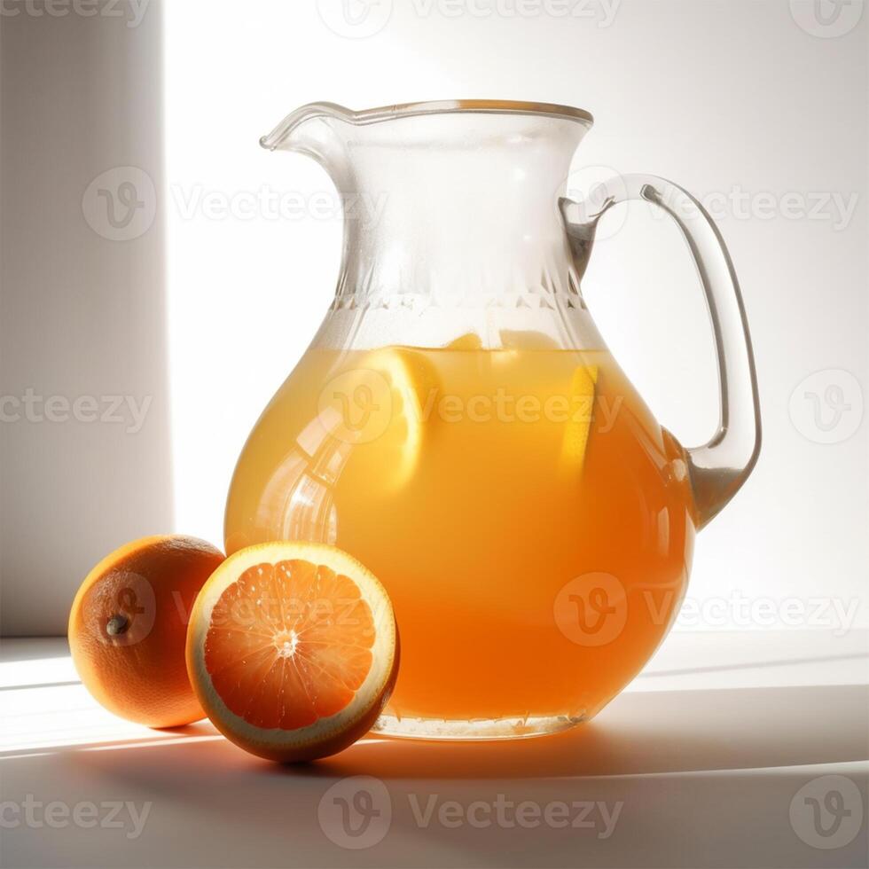 en kanna av flytande med en halv av orange generativ ai genererad foto