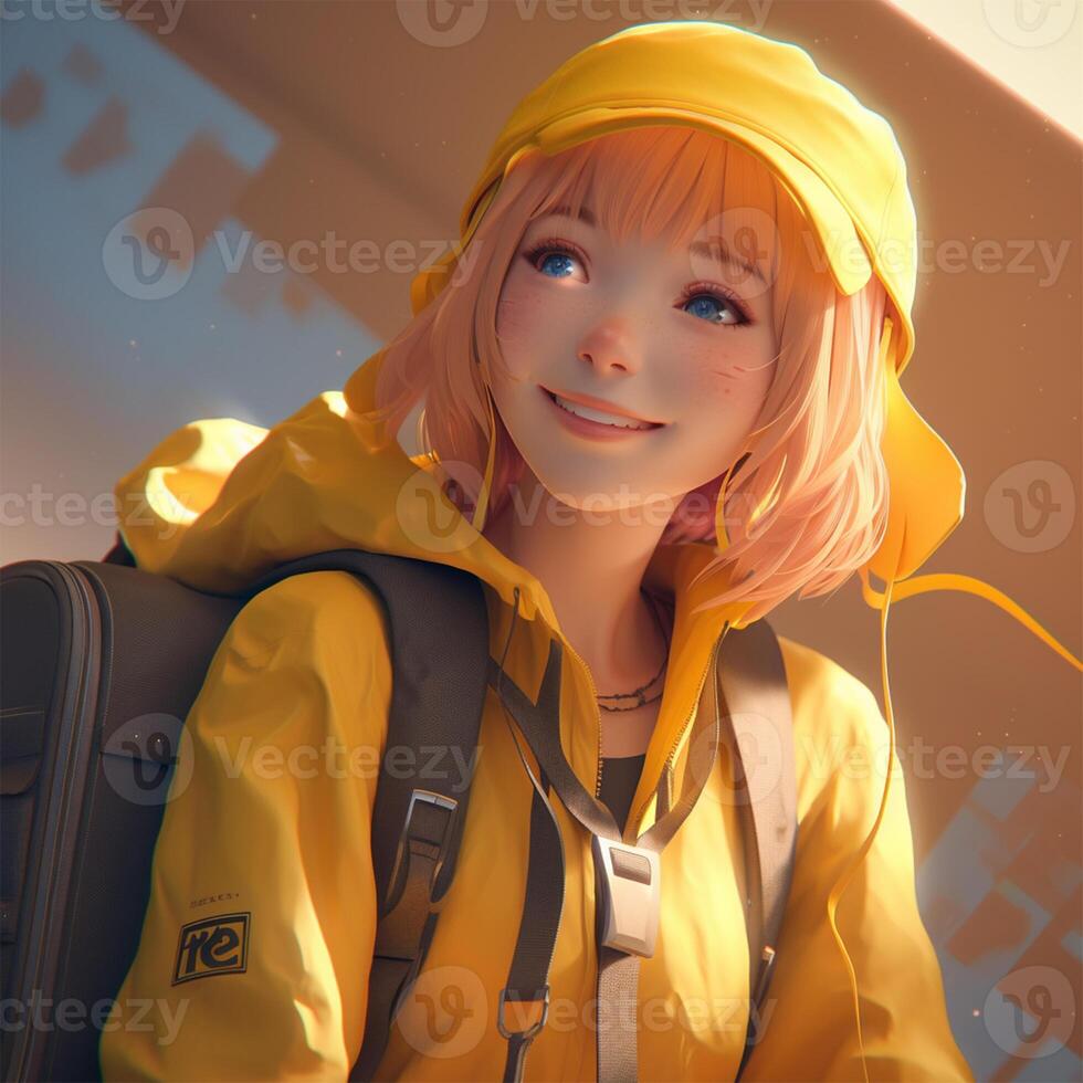 en flicka i en gul regnkappa med en ryggsäck generativ ai genererad foto