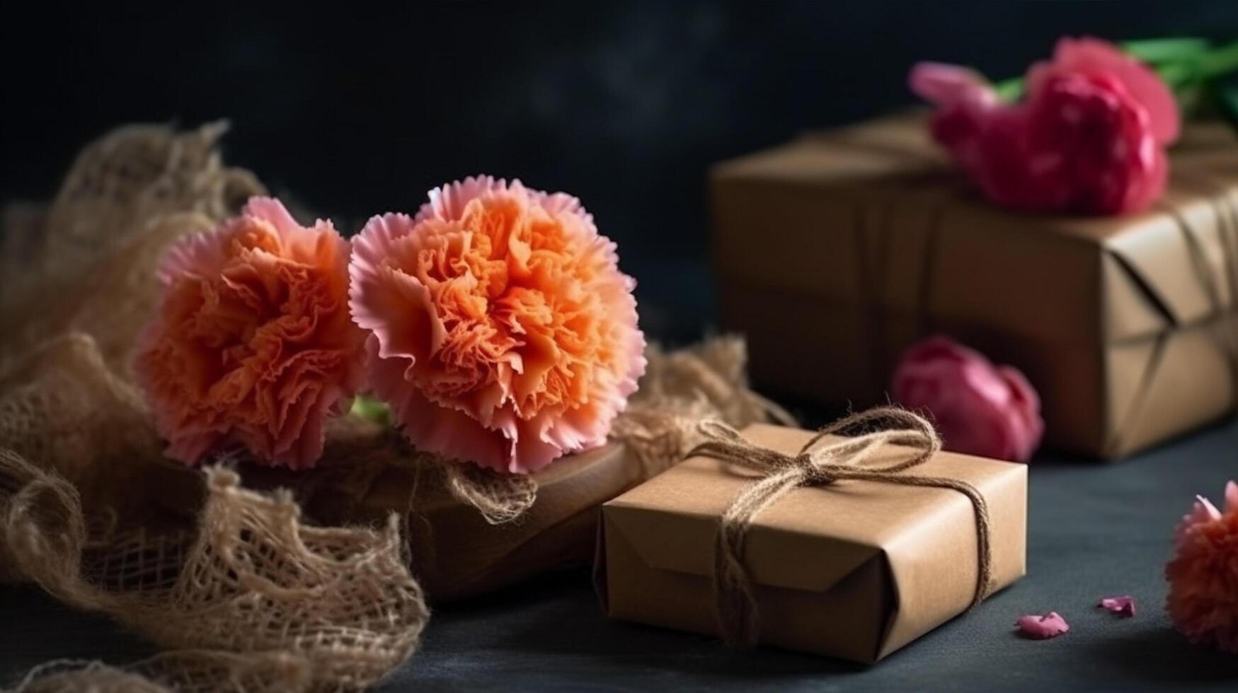 pastell nejlika blommor med gåva låda, ai generativ foto