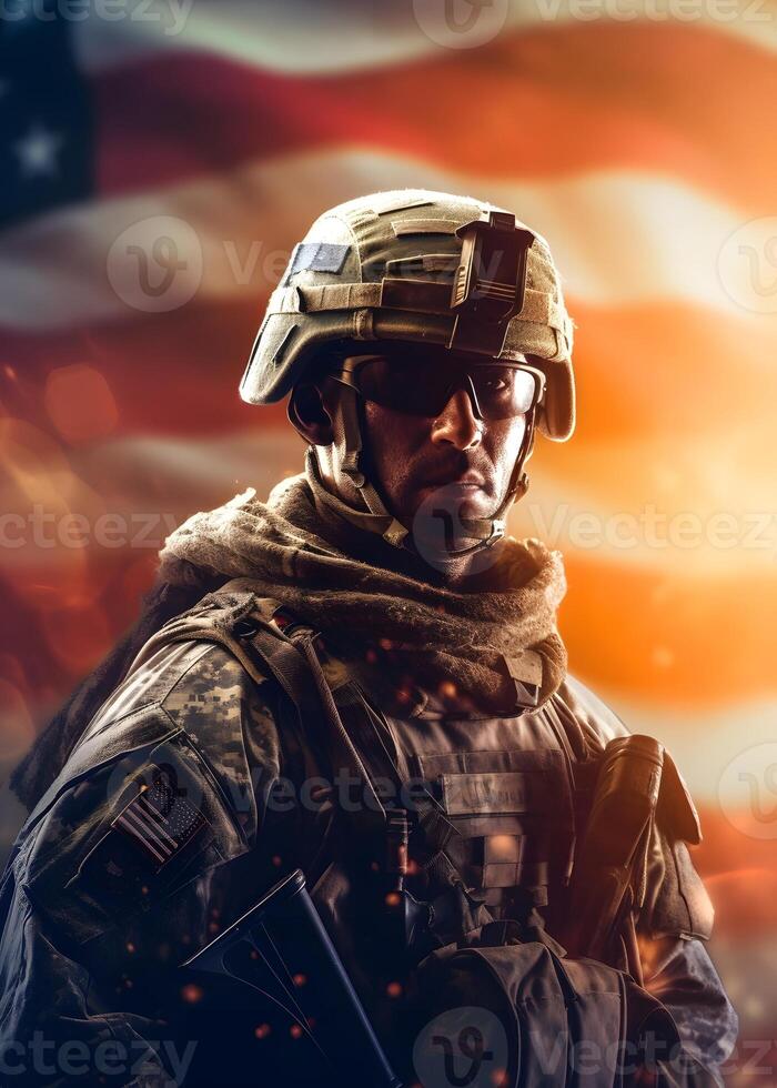 framtida militär USA soldat armé, oberoende dag 4 juli, amerikan flagga bakgrund, generativ ai foto