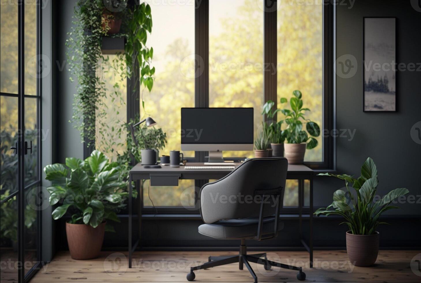 mysigt Hem kontor interiör terar möbel, krukväxter och stor fönster till låta i naturlig ljus. generativ ai foto