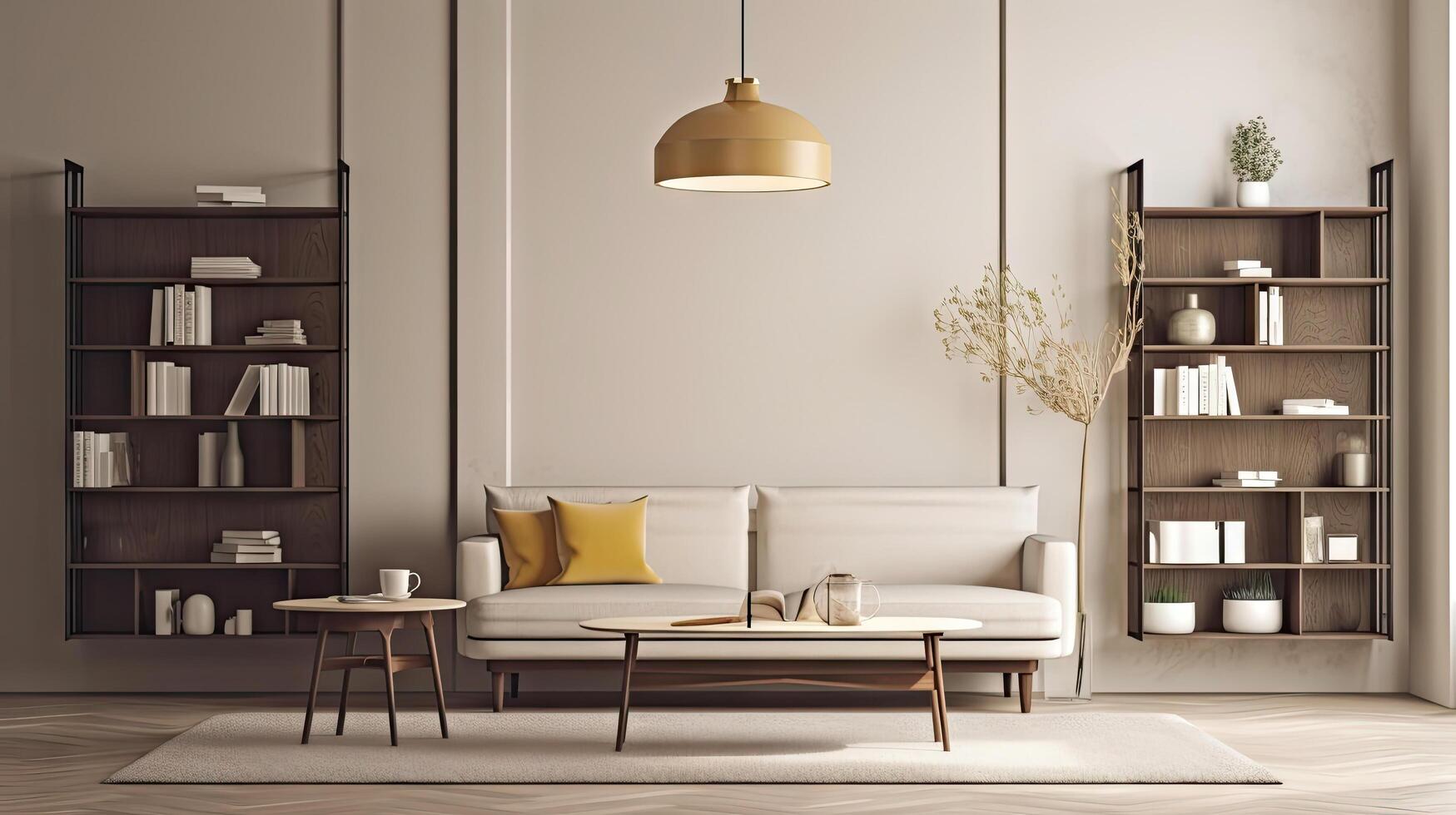 minimal interiör design levande rum med beige mysigt tona stil, dekorera med soffa, bokhylla, fåtölj, trä tabell, och brun tona bakgrund, tömma vägg för falsk upp och baner, med generativ ai. foto