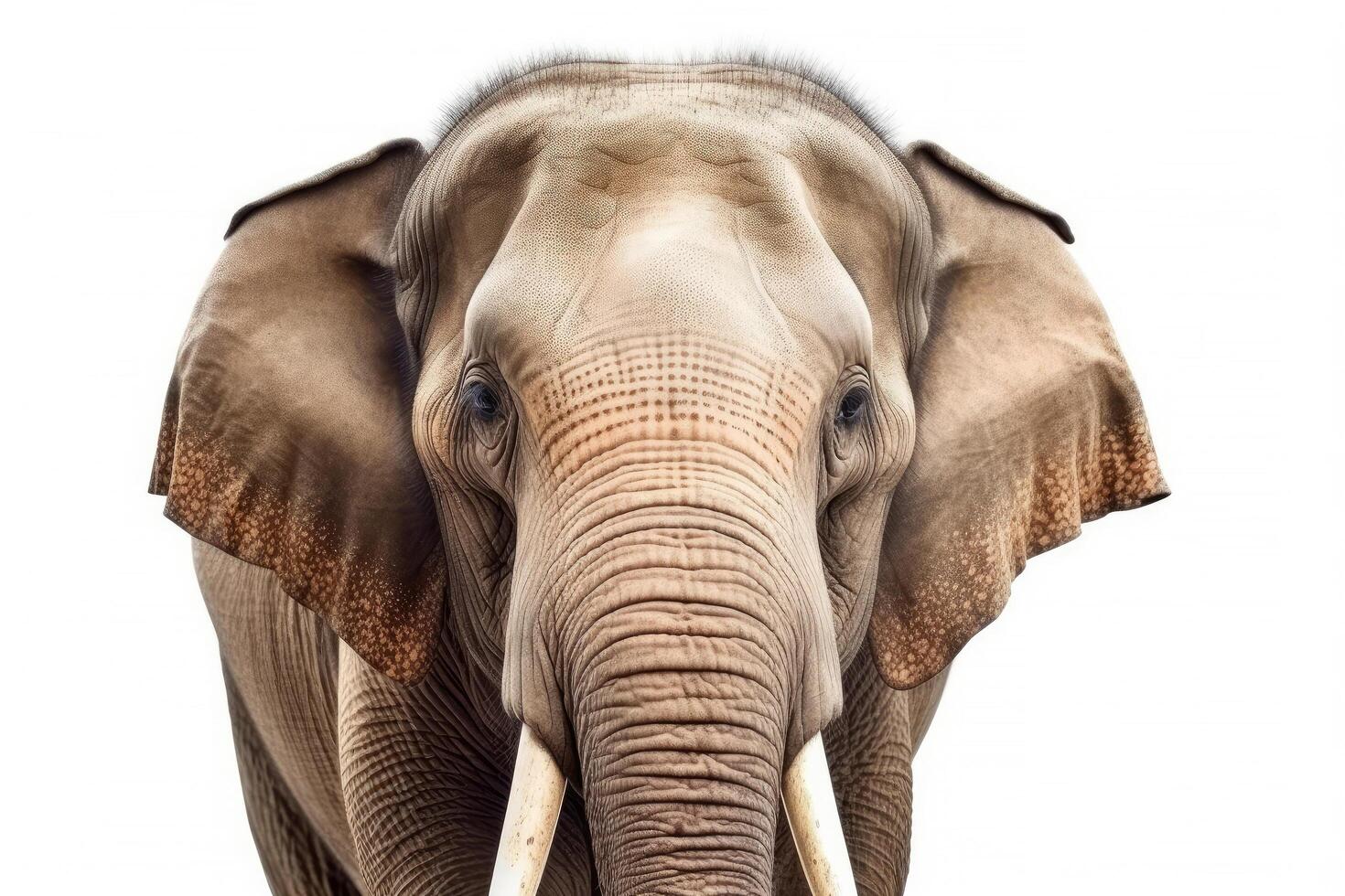 stänga upp ansikte av elefant isolerat på vit bakgrund, djur- vilda djur och växter livsmiljö i de natur skog, skön av liv, massiv kropp del, största däggdjur, med generativ ai. foto