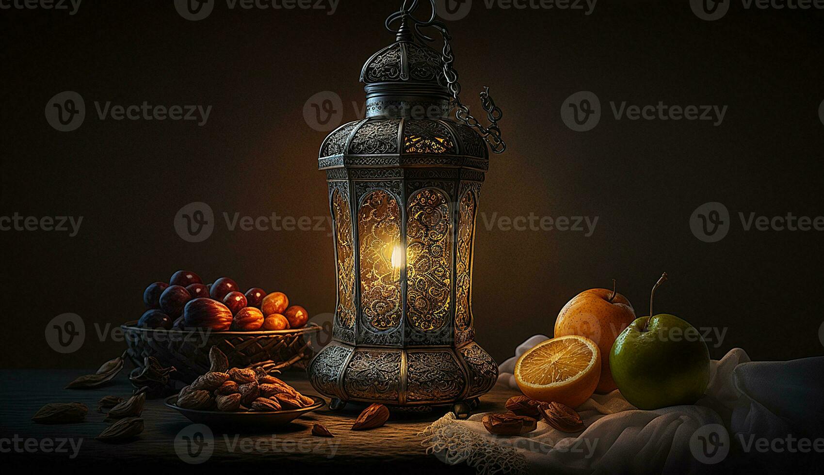 islamic lykta skön 3d scen, med ljus, bakgrund Foto illustration