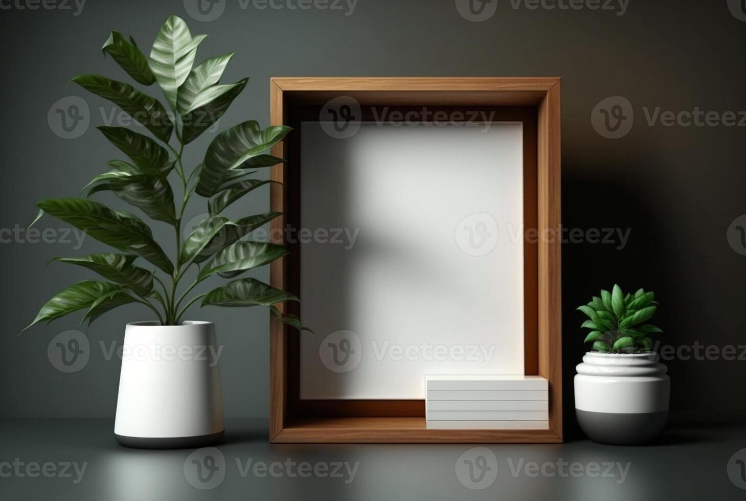 trä- ram attrapp med växt i vas på vägg bakgrund, generativ ai foto