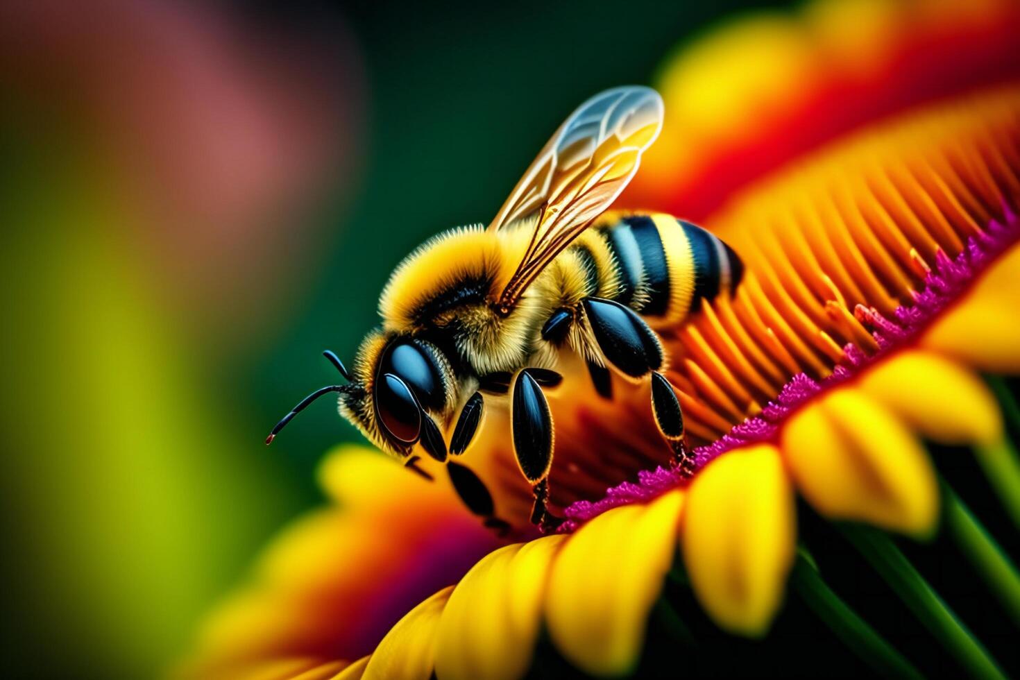 makro skott av en bi samlar pollen från en blomma. ai genererad foto