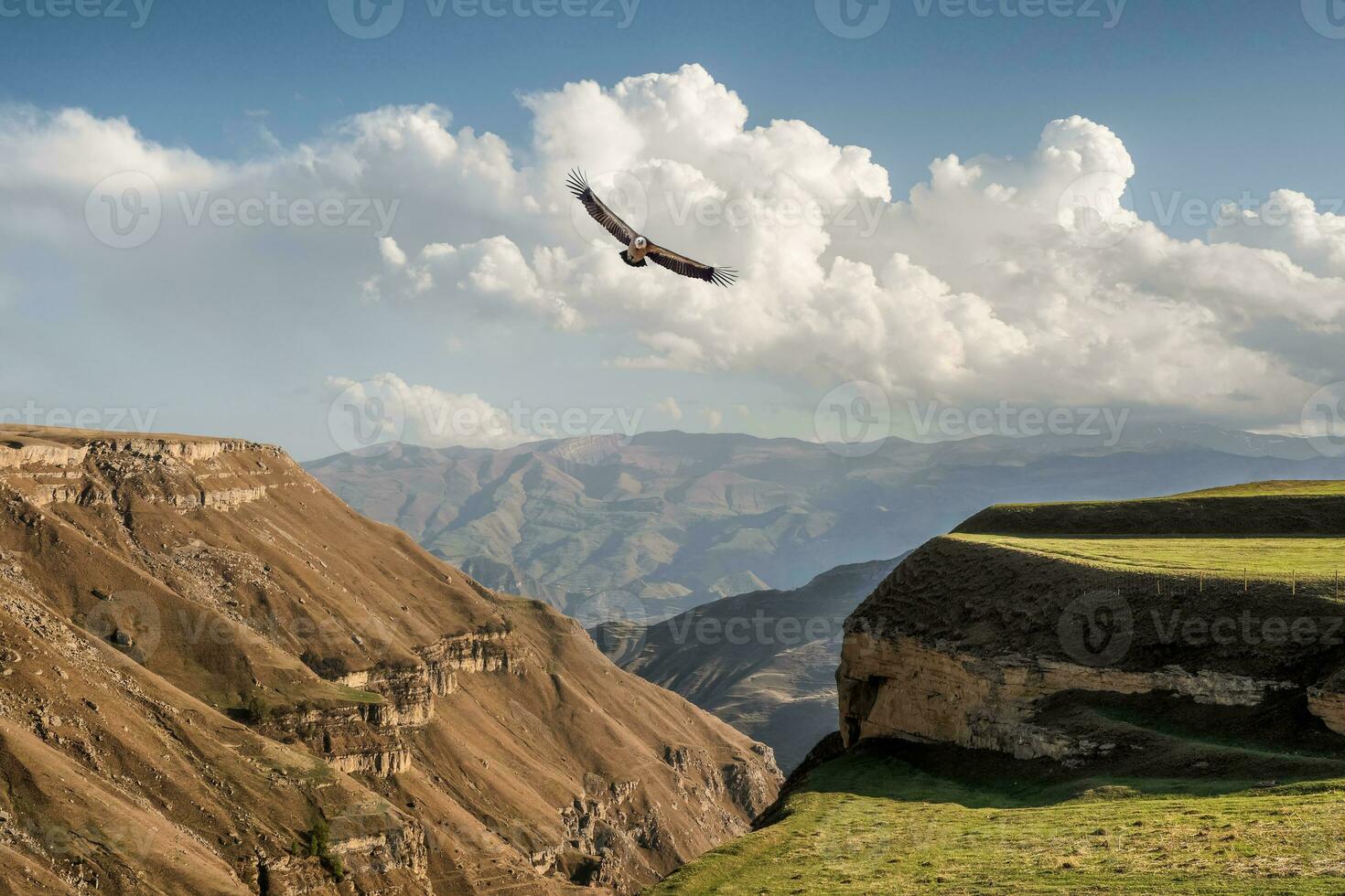 atmosfärisk landskap med silhuetter av röd och grön berg. Örn flugor över en berg klyfta. hunzah. dagestan. foto