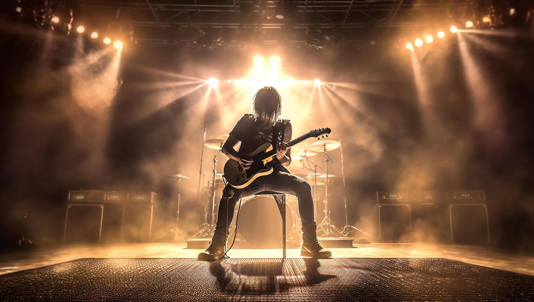 silhuett av en sten musiker spelar de elektrisk gitarr på skede med ai genererad. foto