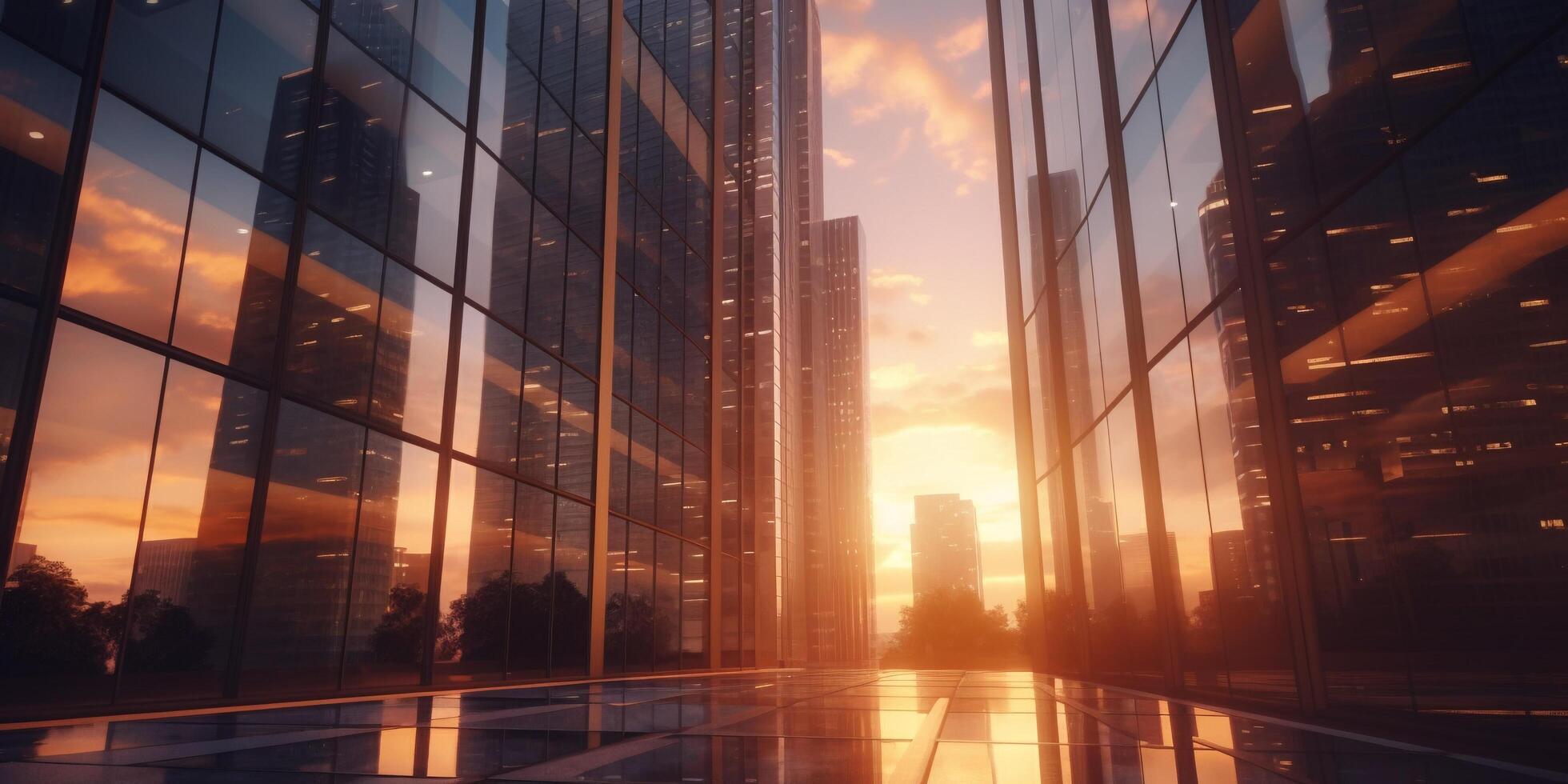 de skyskrapor i de företag zon på de solnedgång tid med ai genererad. foto