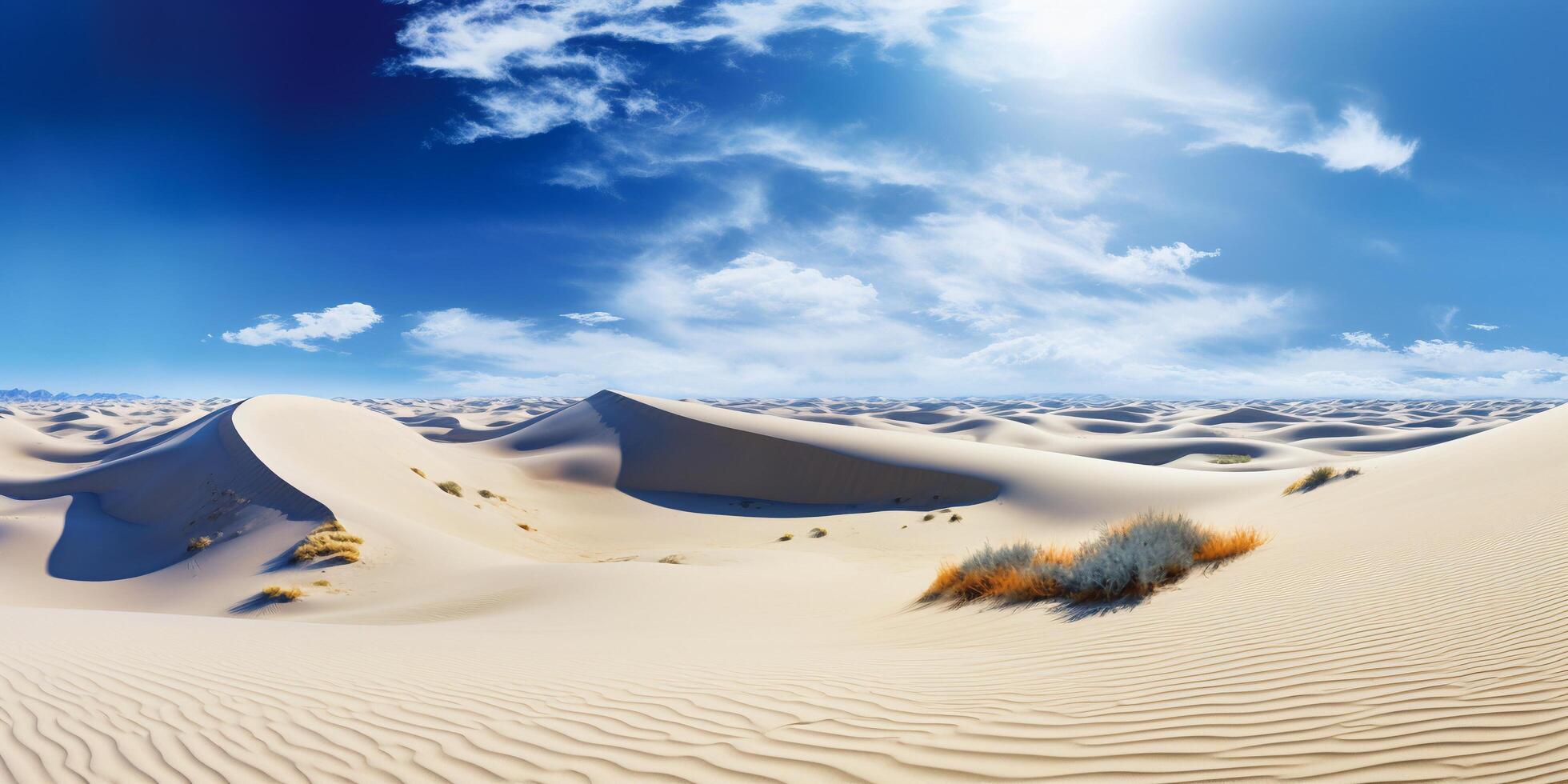 öken- sand sanddyner under blå himmel med moln med ai genererad. foto