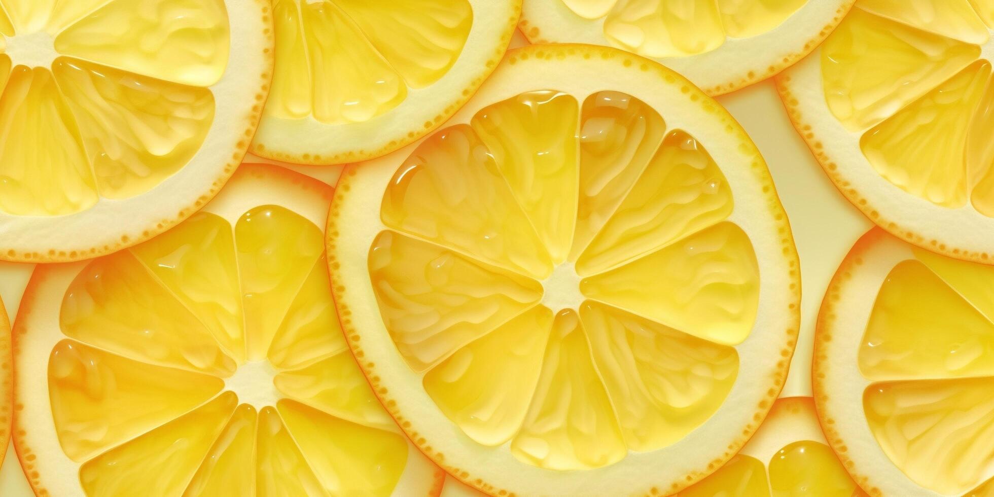 citron- och citron- skivor med löv på gul bakgrund, topp se med ai genererad. foto