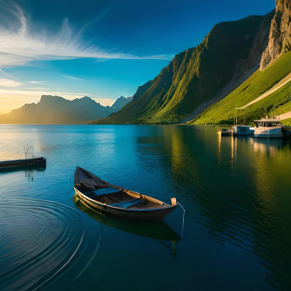 båt på de flod runt om de kulle. genererad ai. foto