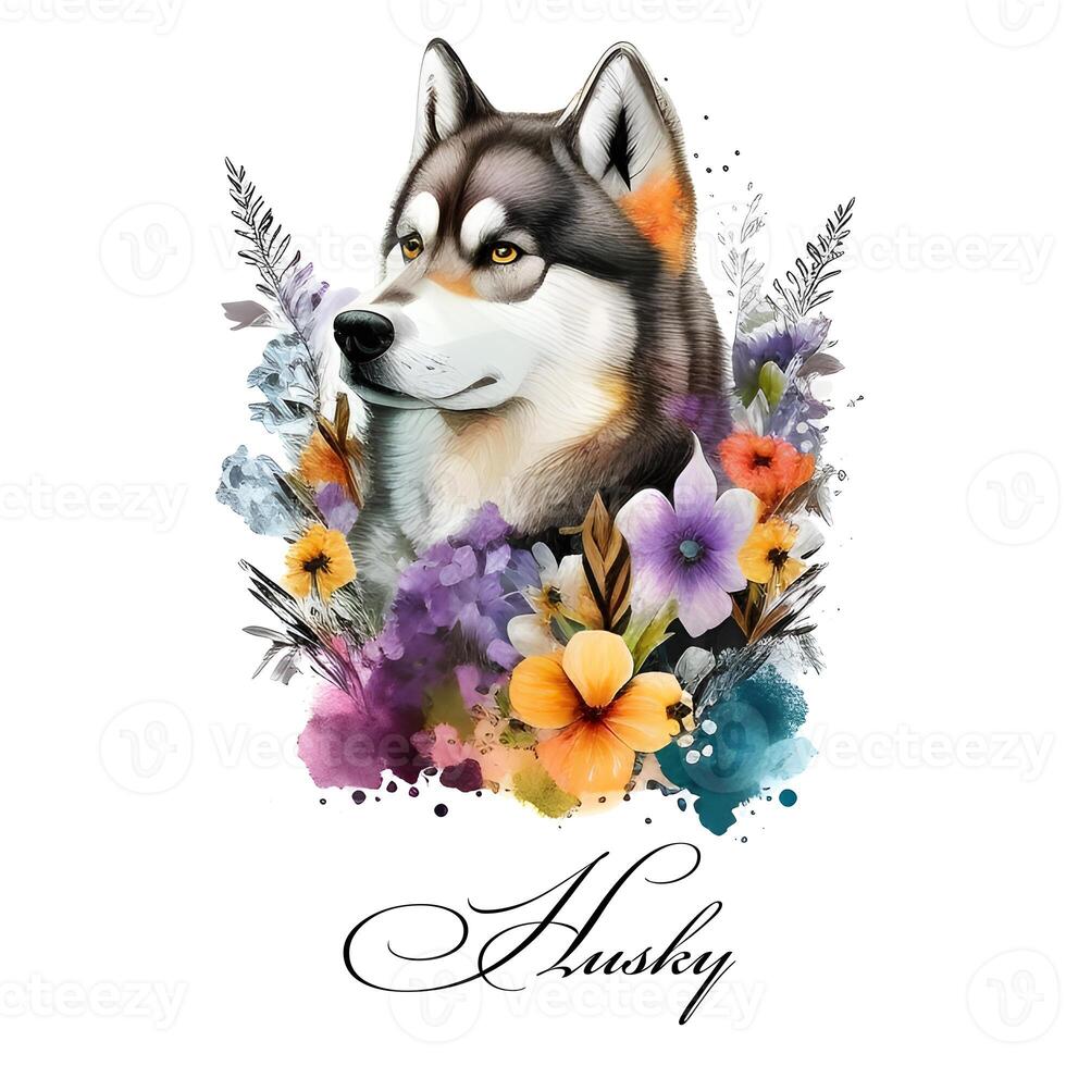 vattenfärg ai genererad illustration av en enda hund ras hes med blommor. guide hund, en handikapp bistånd hund. vattenfärg djur- samling av hundar. hund porträtt. illustration av sällskapsdjur. foto
