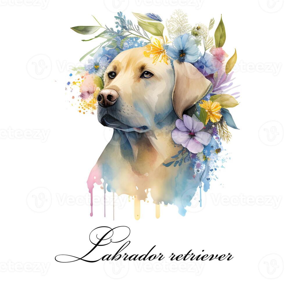 vattenfärg ai genererad illustration av en hund ras labrador retriever med blommor. guide hund, en handikapp bistånd hund. vattenfärg djur- samling av hundar. hund porträtt. illustration av sällskapsdjur. foto