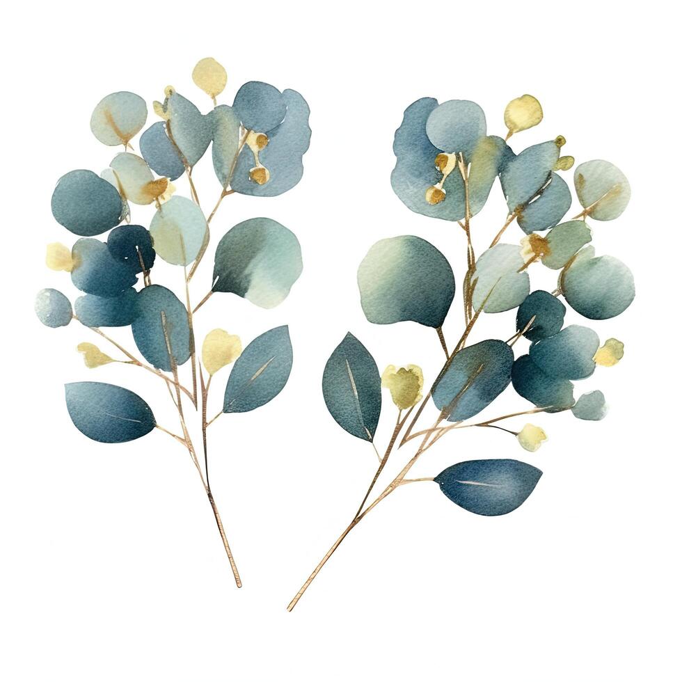 vattenfärg grön och gyllene eukalyptus löv. illustration ai generativ foto