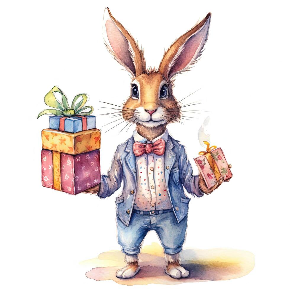 vattenfärg kanin med gåva låda. illustration ai generativ foto
