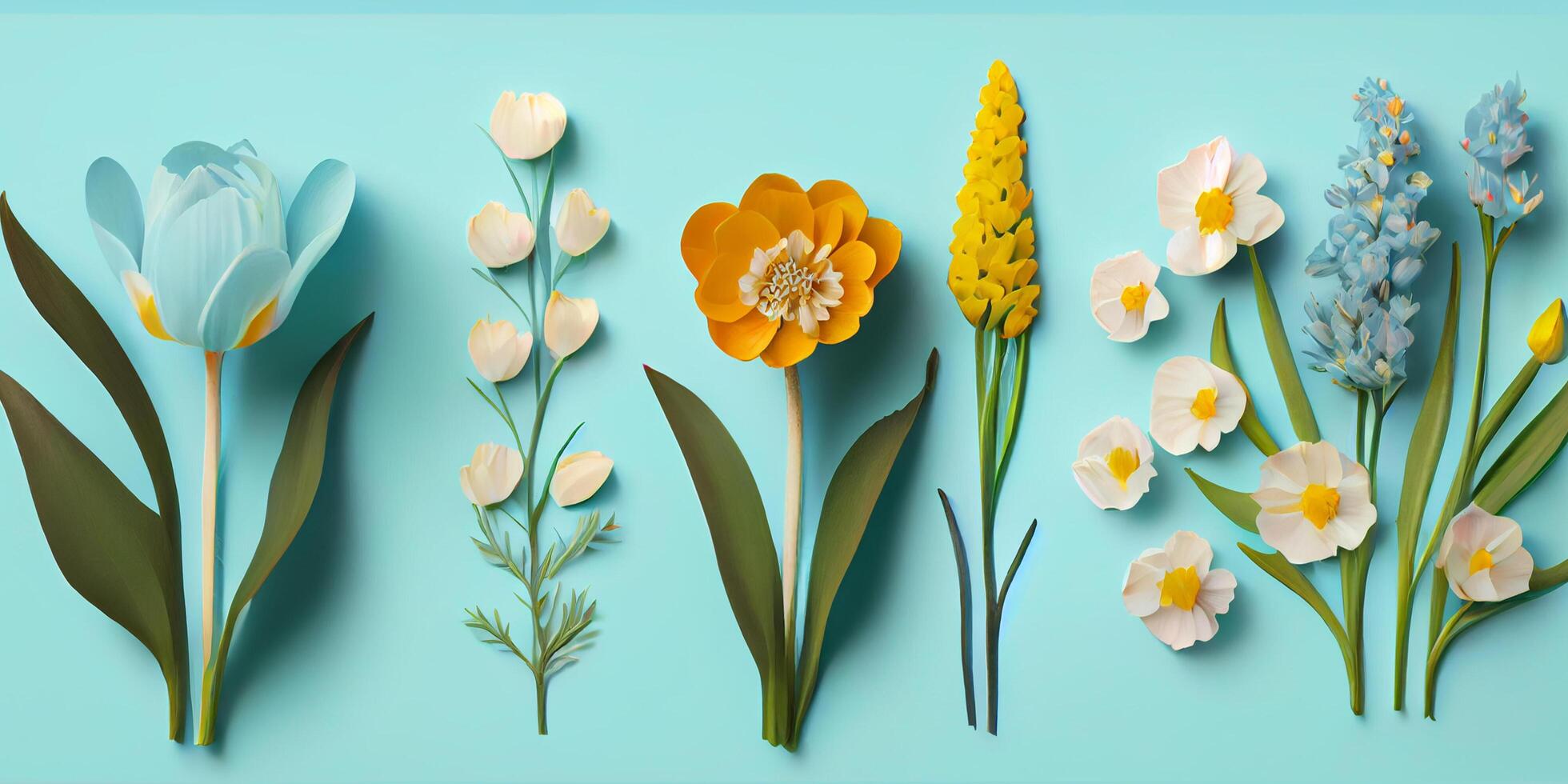 platt lägga begrepp av färsk fält vår blommor på blå bakgrund isolerat. skön blommor dekorativ element uppsättning samling för bröllop inbjudan eller mors dag. generativ ai. foto