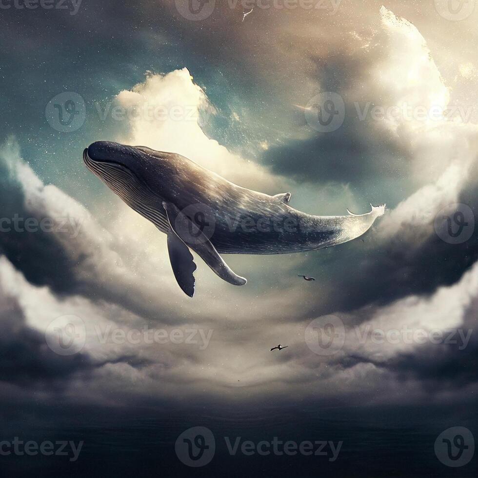 stor val flygande genom en molnig himmel. generativ ai. foto