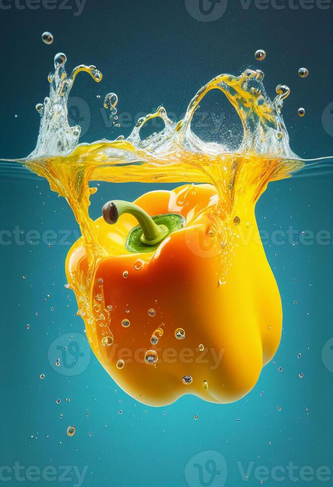 där är en gul klocka peppar varelse tappade in i de vatten. generativ ai. foto