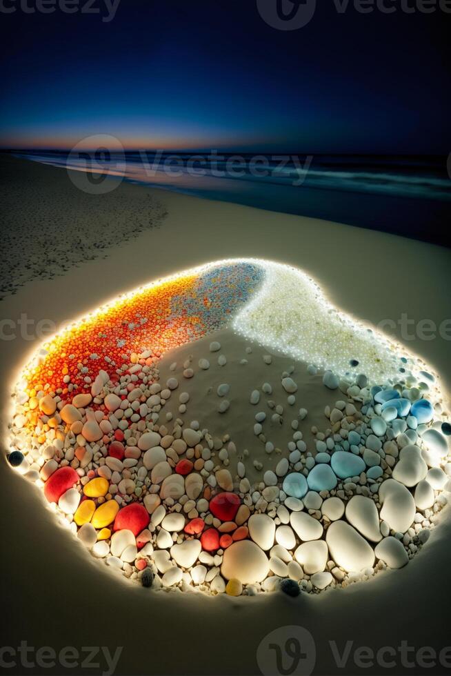 stänga upp av en cirkel av stenar på en strand. generativ ai. foto