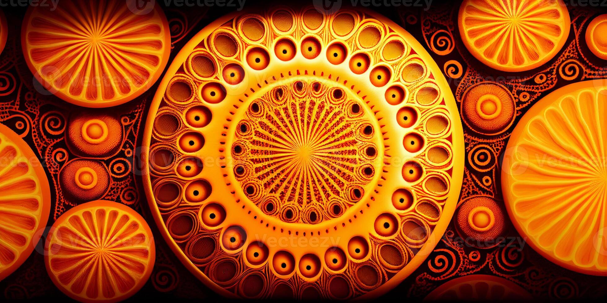 där är en stor orange tallrik med cirkulär design på Det. generativ ai. foto