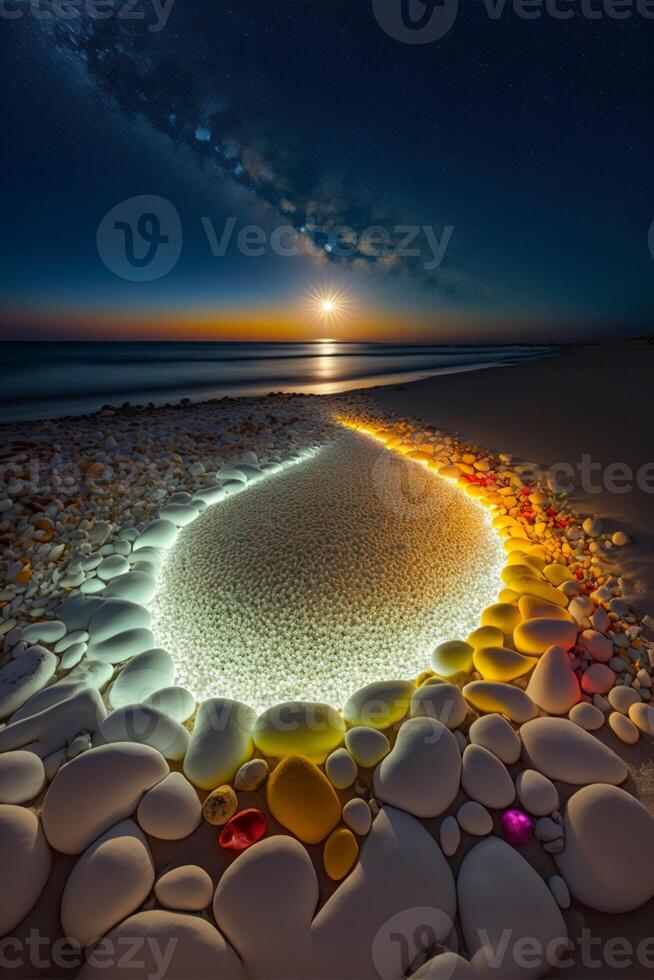 grupp av stenar Sammanträde på topp av en sandig strand. generativ ai. foto