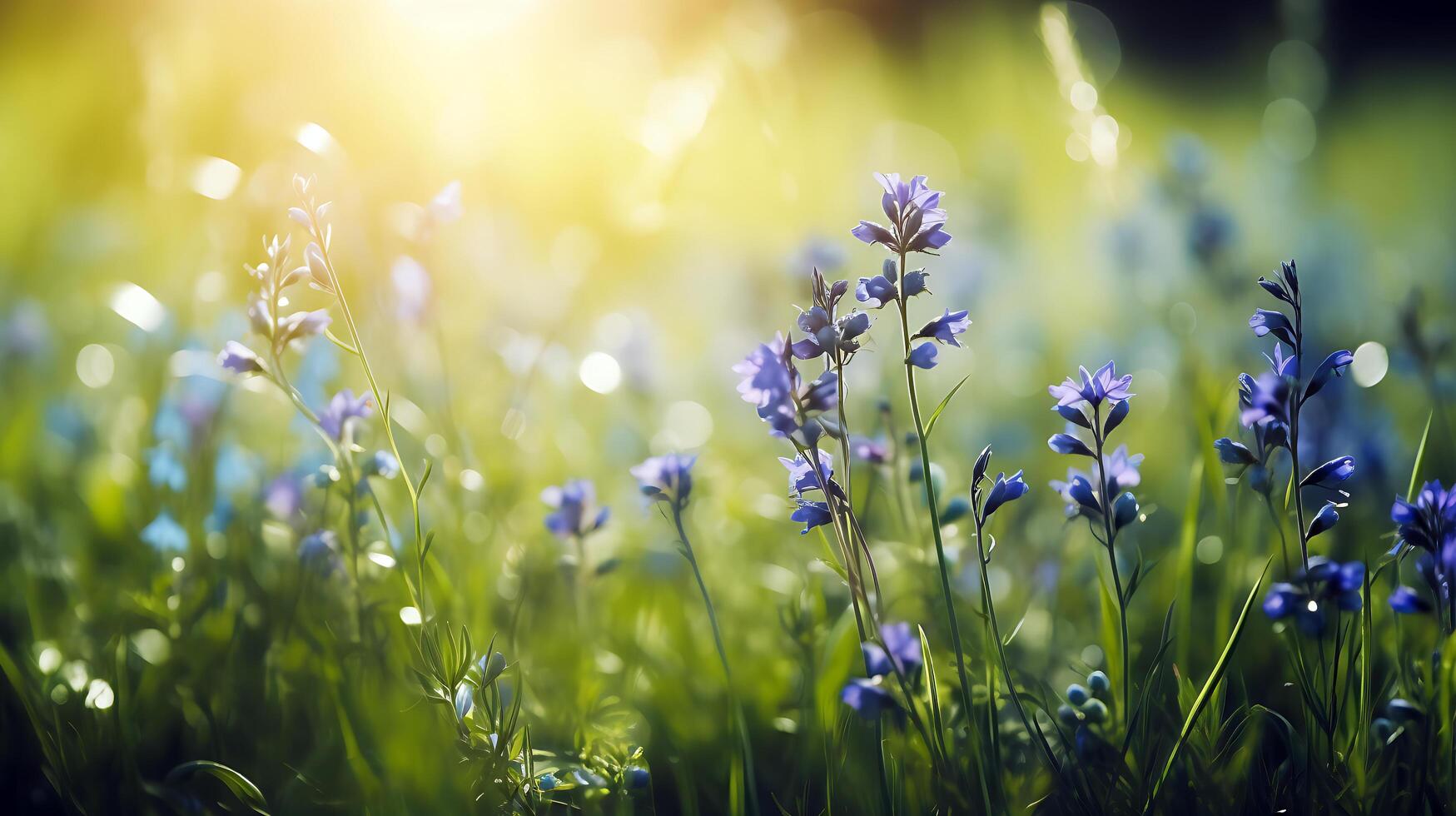 vår bakgrund med blå blommor med de Sol lysande på den foto