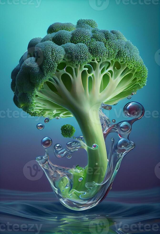 där är en bit av broccoli den där faller in i de vatten. generativ ai. foto