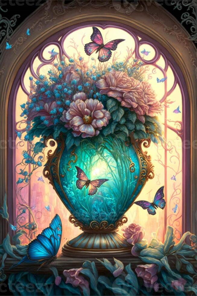 målning av en vas med blommor och fjärilar. generativ ai. foto