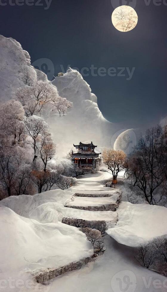 snö täckt landskap med steg ledande till en pagod. generativ ai. foto