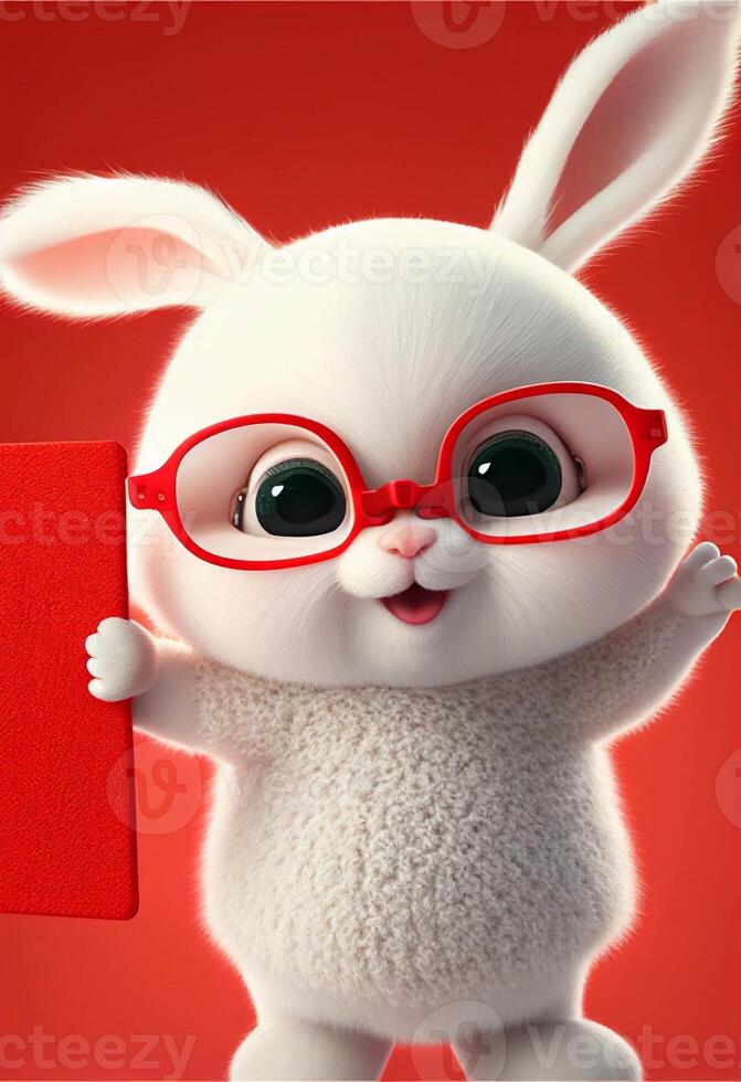 vit kanin med röd glasögon innehav en röd bok. generativ ai. foto