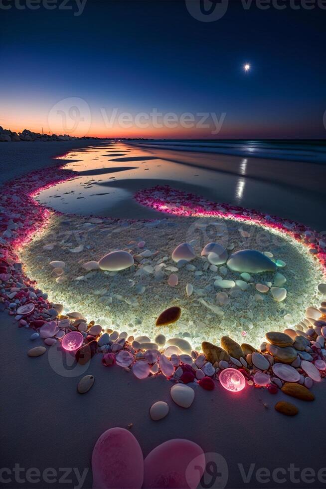 hjärta tillverkad ut av stenar på en strand på natt. generativ ai. foto