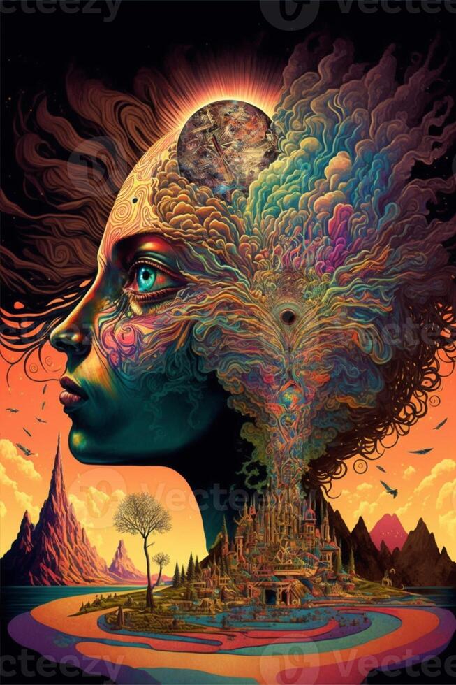 målning av en kvinnors huvud med en berg i de bakgrund. generativ ai. foto