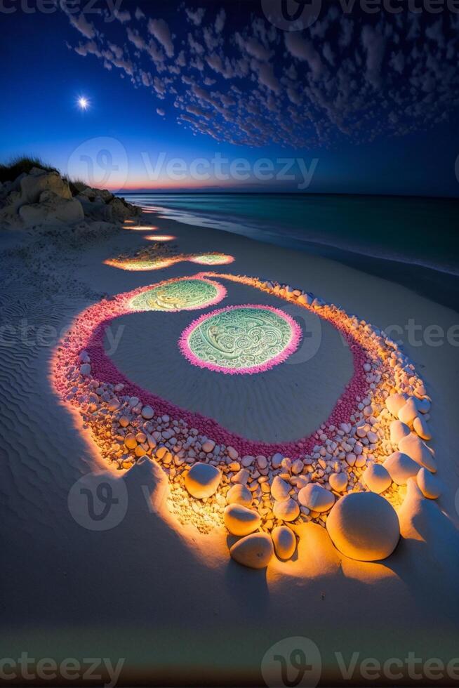 cirkel tillverkad ut av snäckskal på en strand på natt. generativ ai. foto