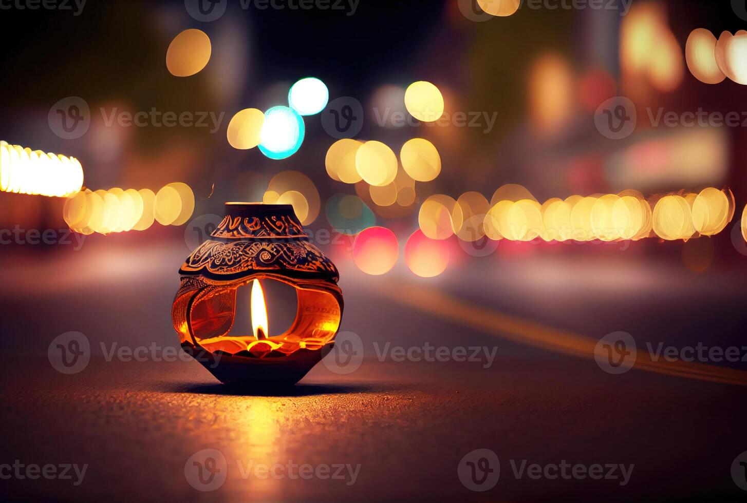 diya lampa med bokeh ljus på de stadens centrum gata i diwali festival. generativ ai foto