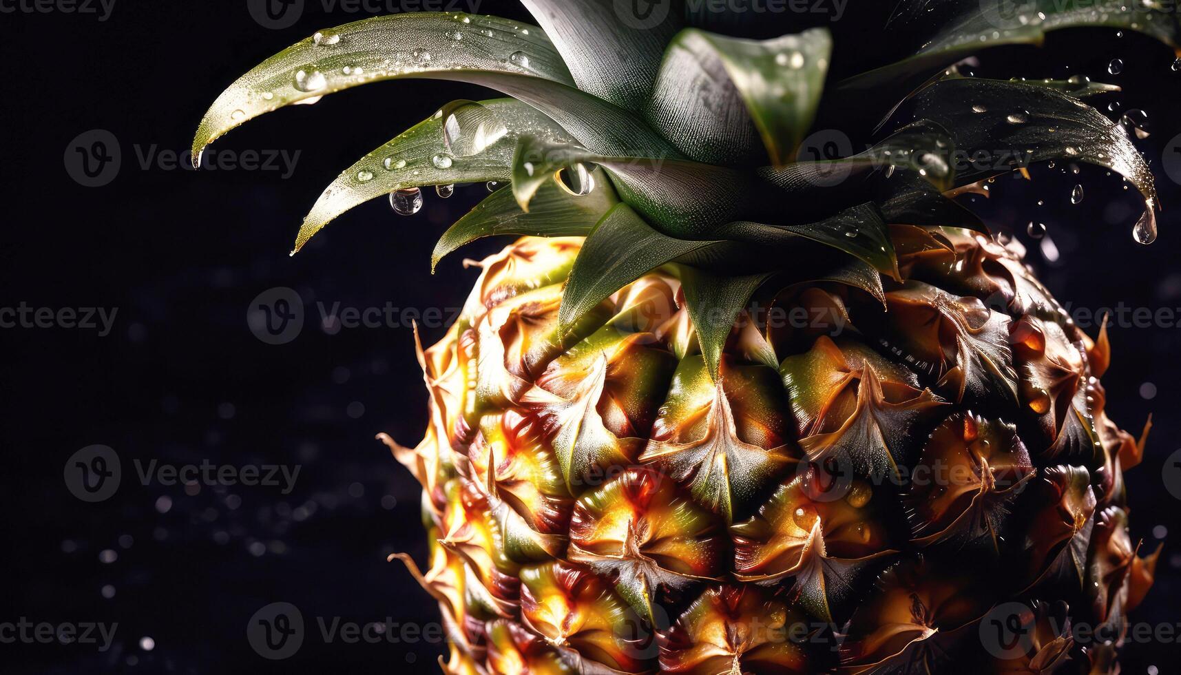 stänga upp av rena ananas med vatten släppa i mörk svart bakgrund. färsk frukt och vegetabiliska begrepp. näring och vitamin tema. generativ ai foto