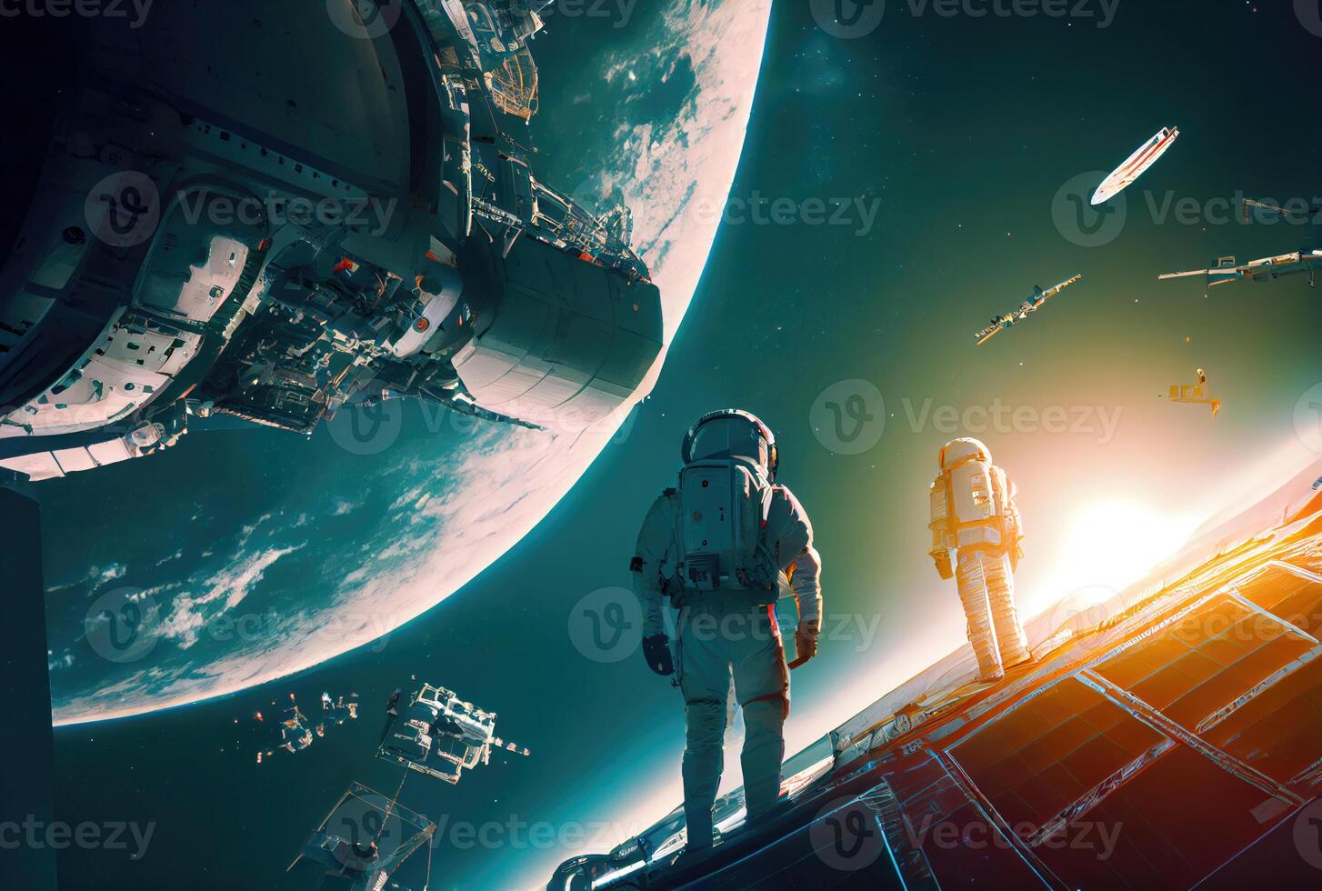 en team av astronauter reser i Plats inuti en rymdskepp med nebulosa i de bakgrund. vetenskap och teknologi begrepp. generativ ai foto