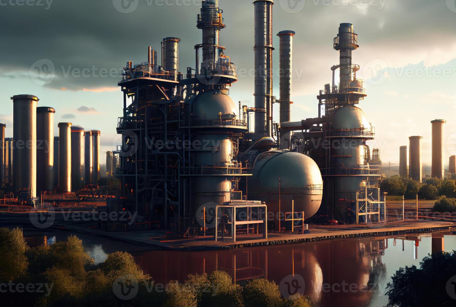 olja raffinaderi industriell växt med natur och himmel bakgrund. företag och industri begrepp. digital konst illustration. generativ ai foto