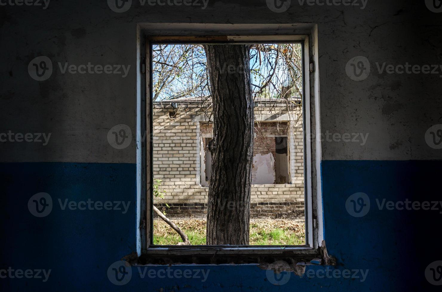 sikt från fönstret i ett övergett övergett hus i Ukraina foto