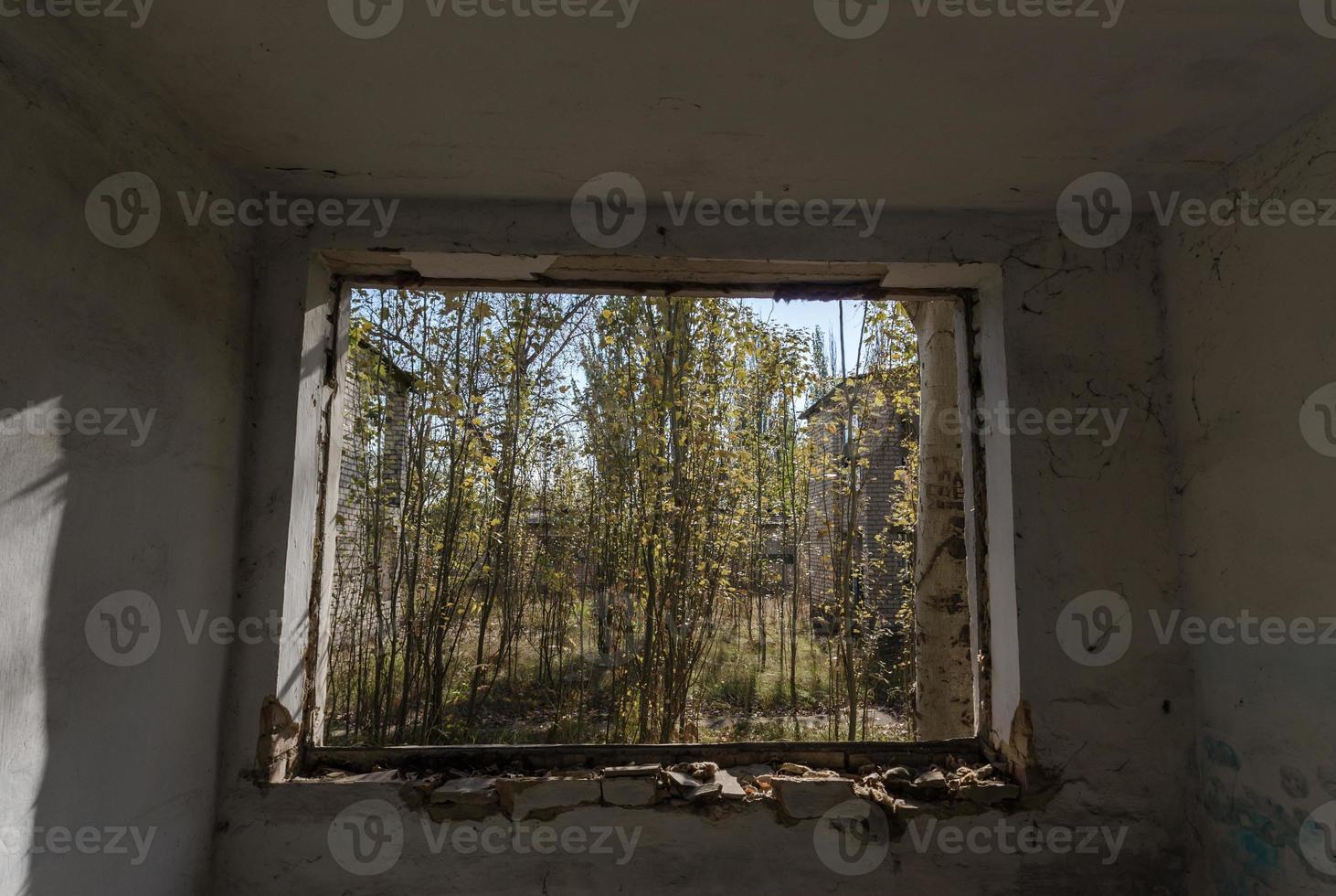 sikt från ett övergett övergett hus i Ukraina foto